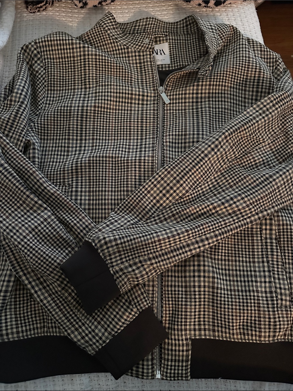 ZARA Black, Brown and White Gingham Zip Bomber Jacket xl